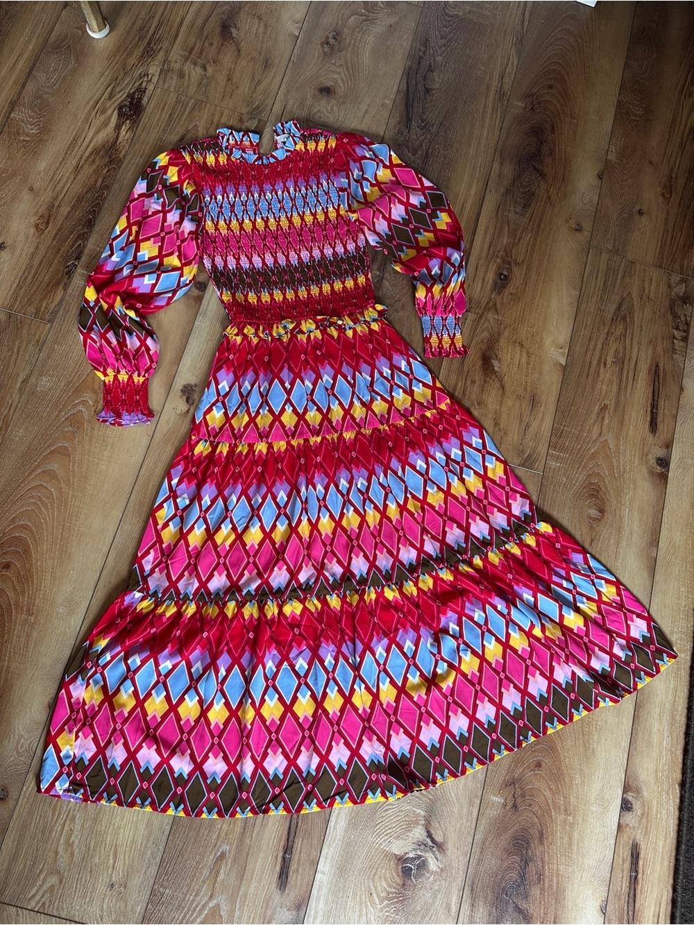 Pink Geometric Long-Sleeve Smocked Midi Dress